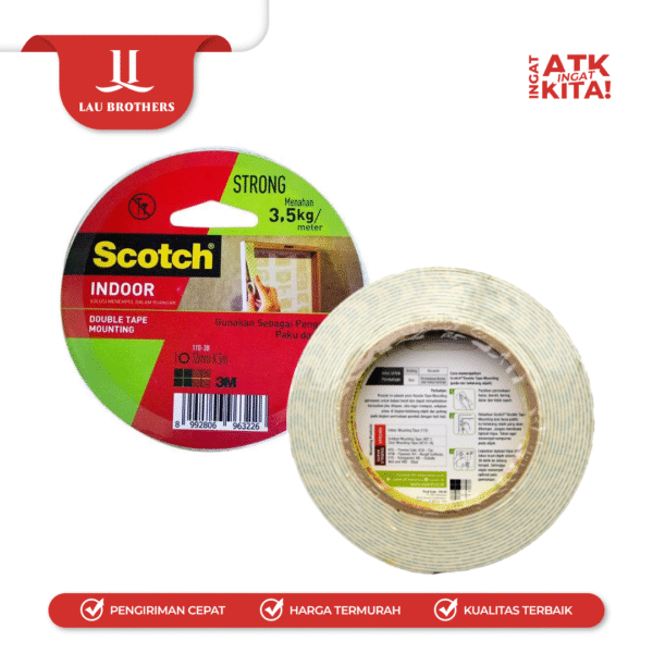 3M SCOTCH INDOOR PERMANENT MOUNTING DOUBLE TAPE INDOOR 12mm x 3m CAT 110 (1PC) - Image 2